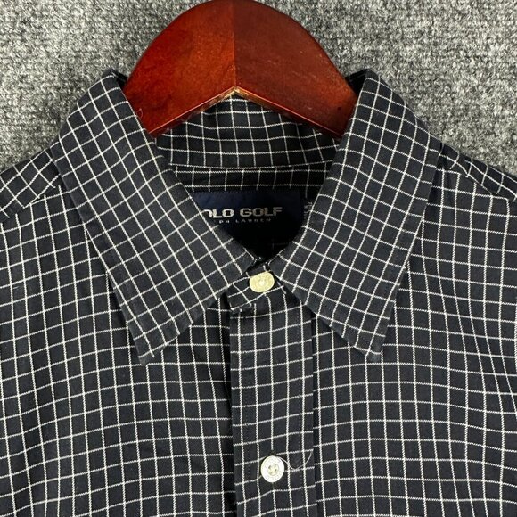 Polo Golf Shirt Mens Medium Lofting Button Up Navy Blue White Cotton Long Sleeve - Picture 3 of 8